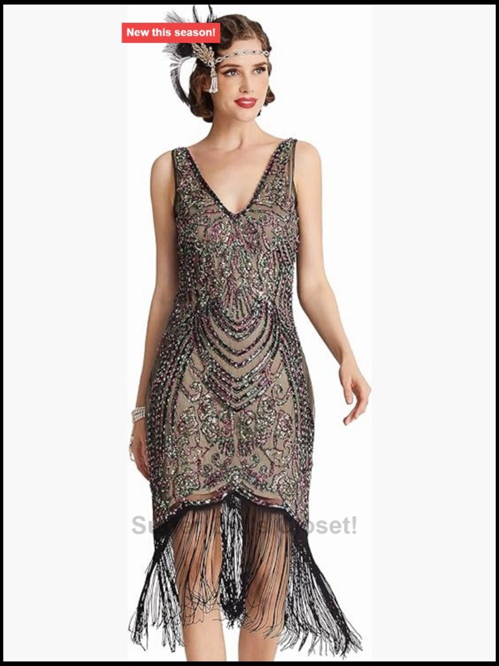 1920s Flapper Dress with Beaded Fringe V-Neck Gatsby Cocktail Dress